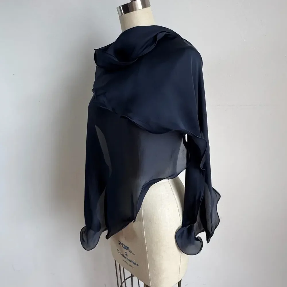 GIORGIO ARMANI Navy Silk Ruffle Scarf